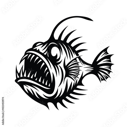 Anglerfish Monochrome Silhouette, Deep Sea Fish, Predator with Sharp Teeth, Ocean Creature