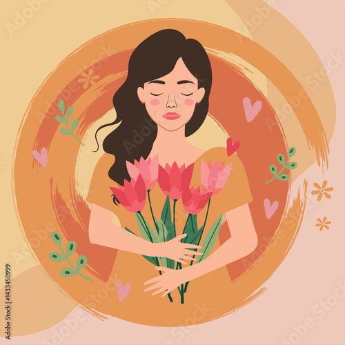 Gentle woman with tulip bouquet in warm pastel floral scene celebrating femininity