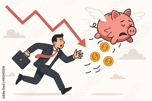 Financial Crisis Vector Concept: Anxious Businessman Chasing Flying Piggy Bank with Falling Coins During Market Crash, Economic Downturn Illustration with Declining Graph for Business Presentations