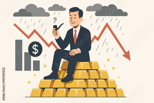 Successful Businessman Sitting on Gold Bullion Stack During Market Downturn, Financial Crisis Concept with Falling Charts, Economic Recession Investment Strategy Vector Illustration
