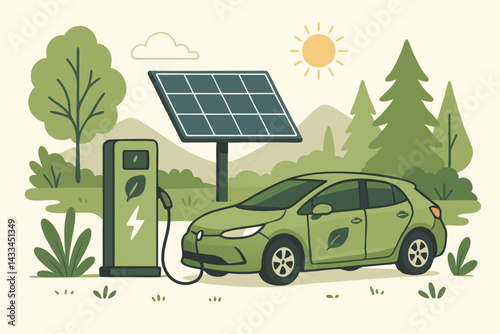Eco-Friendly Green Electric Vehicle Charging at Solar Panel Station in Forest Landscape, Sustainable Transportation Technology, Renewable Energy Concept, Environmental Conservation Illustration