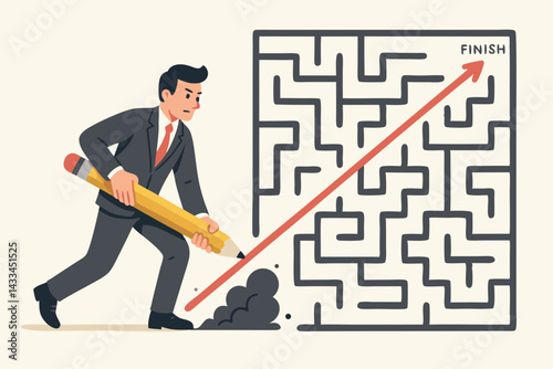 Business Strategy Success Concept: Confident Businessman Drawing Direct Path Through Maze, Shortcut to Goal Achievement, Problem Solving and Leadership Metaphor for Creative Solutions