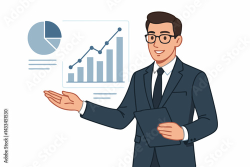 Professional Business Analyst Presenting Financial Growth Data Vector Illustration with Rising Graph Chart and Pie Chart for Corporate Reports, Finance Presentations, and Marketing Strategy Meetings