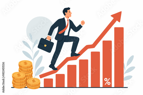 Business Success Concept Vector: Ambitious Professional Climbing Growth Chart with Increasing Profit Bars, Dollar Coins, and Upward Financial Trend Arrow in Modern Flat Style Illustration