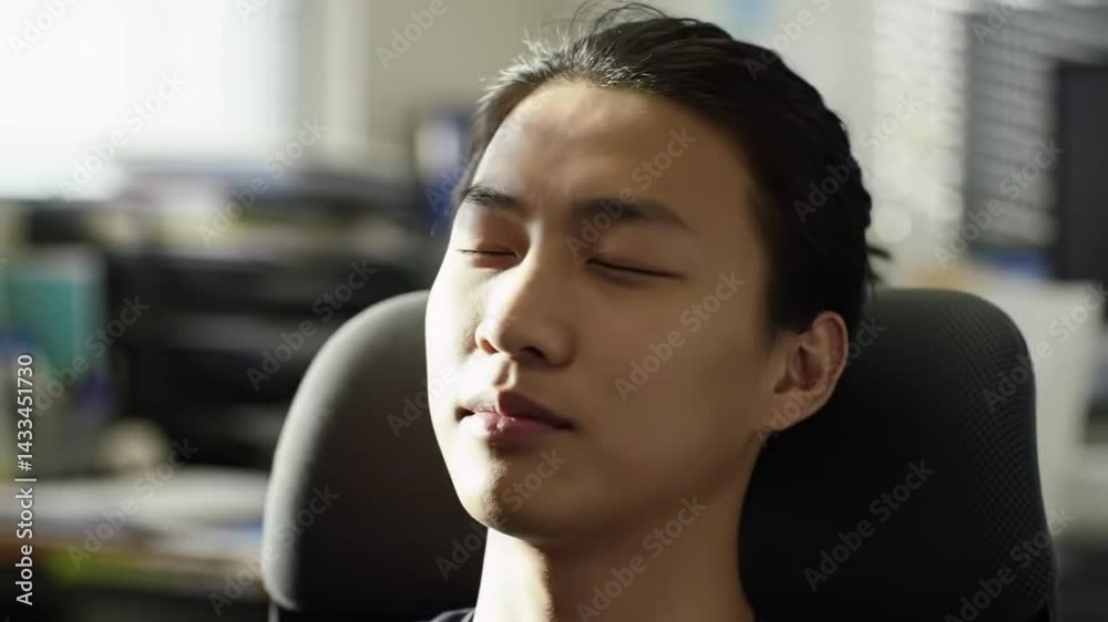 Office worker relaxing on chair with eyes closed after work
