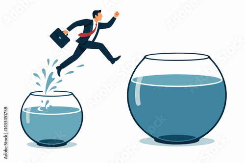 Ambitious Businessman Jumping from Small to Large Fishbowl Vector Illustration, Career Growth Metaphor, Professional Achievement Concept for Business Success and Opportunity Advancement