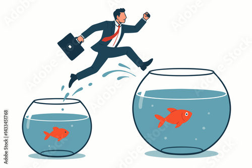Ambitious Businessman Jumping from Small to Larger Fish Bowl Vector Illustration, Career Growth Metaphor, Business Advancement Concept, Corporate Ambition Symbol, Professional Development Journey