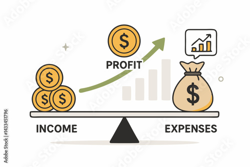Financial Balance Vector Illustration with Income and Expenses Scale, Profit Growth Chart, Money Bag and Gold Coins - Modern Business Concept for Accounting, Budgeting and Financial Management
