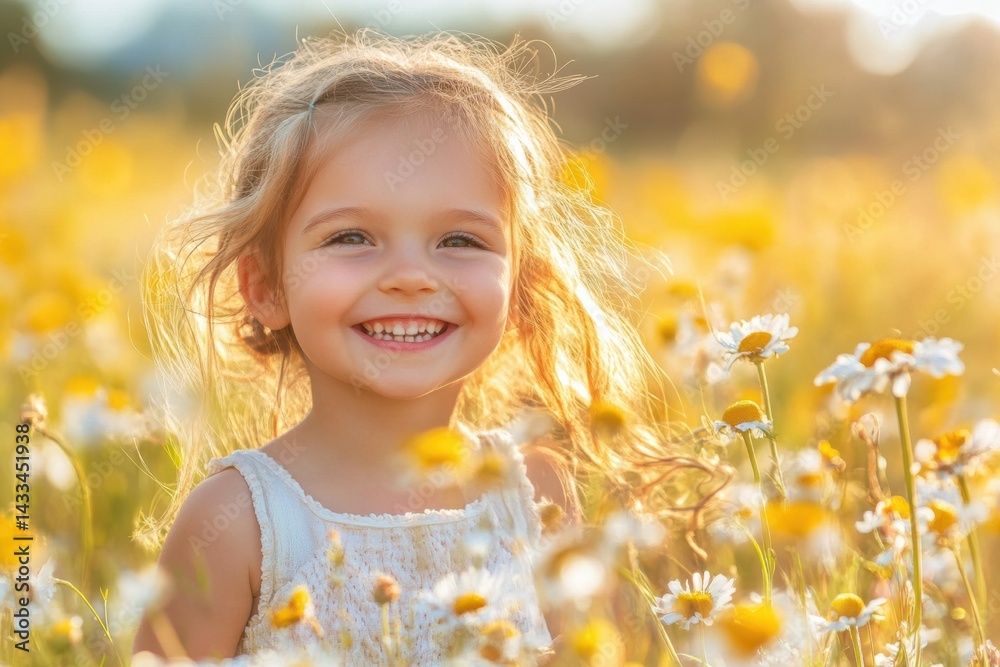 Fototapeta premium Joyful child surrounded by blooming flowers in a sunny meadow Generative AI