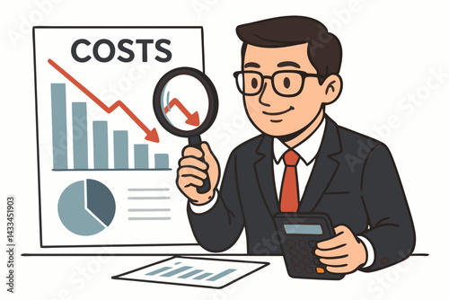 Business Cost Reduction Analysis Vector Illustration with Financial Expert Examining Declining Graph Chart Using Magnifying Glass and Calculator for Budget Management and Economic Efficiency
