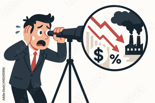 Financial Crisis Prediction Vector Illustration with Worried Businessman Looking Through Telescope at Declining Stock Market, Economic Recession, Investment Risks, and Industrial Pollution