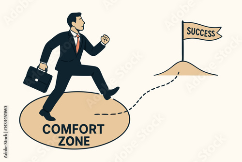 Business Growth Vector Concept: Determined Businessman Walking from Comfort Zone Toward Success Flag on Mountain Peak, Career Achievement Journey Illustration for Motivation and Goal Setting