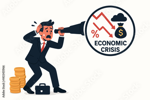 Stressed Businessman Looking Through Telescope at Economic Crisis Concept with Downward Arrows, Money Bag and Percentage Symbols, Financial Recession Vector Illustration for Market Analysis