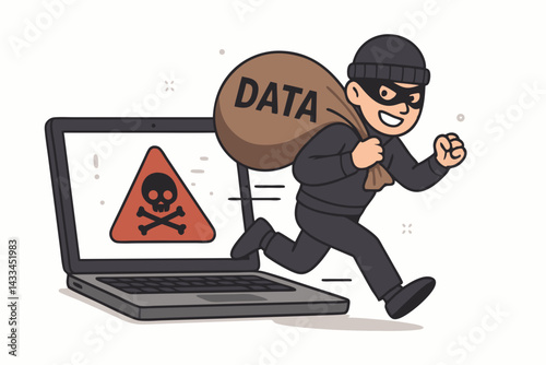 Cartoon Cybercriminal Stealing Data from Computer Vector Illustration - Digital Security Threat Concept with Thief Running Away with Data Bag and Skull Warning Symbol on Laptop Screen