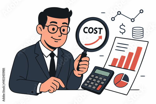 Business Financial Analysis Vector Illustration with Businessman Examining Cost Trends using Magnifying Glass, Calculator, and Data Charts for Budget Management, Expense Tracking, and Economic Growth