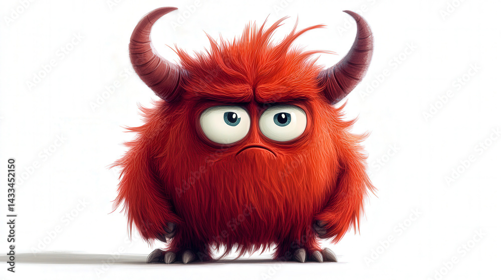 Obraz premium A red fluffy monster with horns looking displeased isolated on a white background