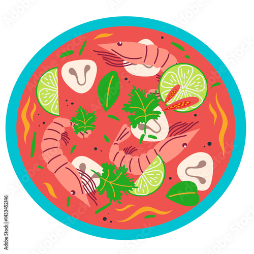 Spicy and Sour Shrimp Soup, Tom Yum Soup, Asian seafood soup in bowl with herbs and lime. Vector illustration. Thai food concept, isolated on white