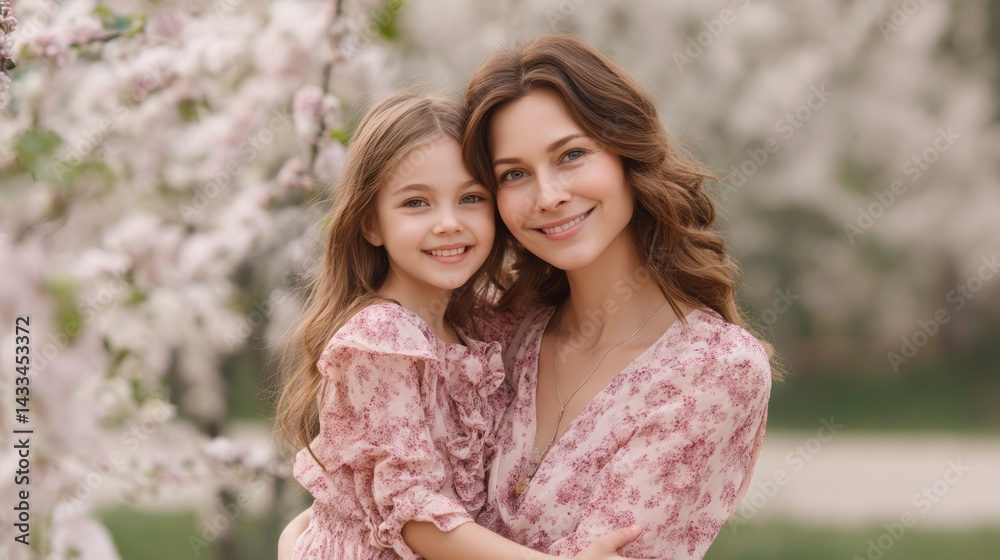 Mom and Daughter in Matching Outfits Hugging, Realistic Lifestyle Shot, Mothers Day image Mom and Daughter in Matching Outfits Hugging, Realistic Lifestyle Shot, Mothers Day image