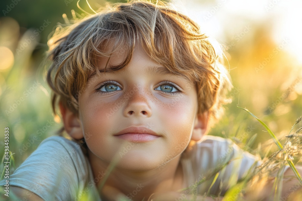 Young boy enjoying nature on a sunny day in a grassy field Generative AI Young boy enjoying nature on a sunny day in a grassy field Generative AI