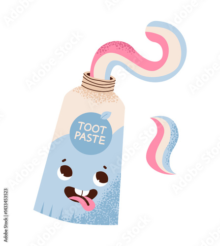 Flat vector illustration of a cute toothpaste character related to dental hygiene. Oral care and dentistry, suitable. Medical, stomatology, and wellness concepts.