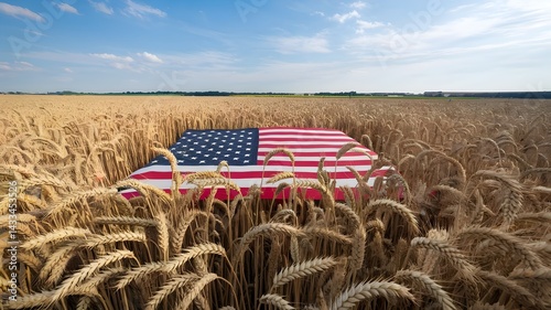 American flag in the combine harvester in wheat field on the American nation day.