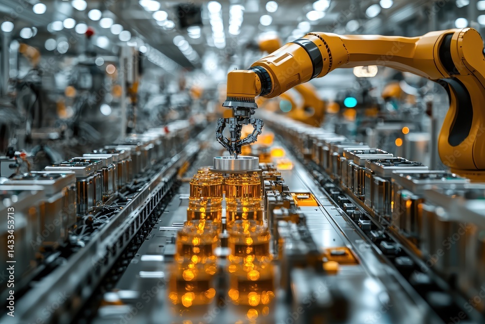 Automated robotic arm handling containers on a production line. Automated robotic arm handling containers on a production line.
