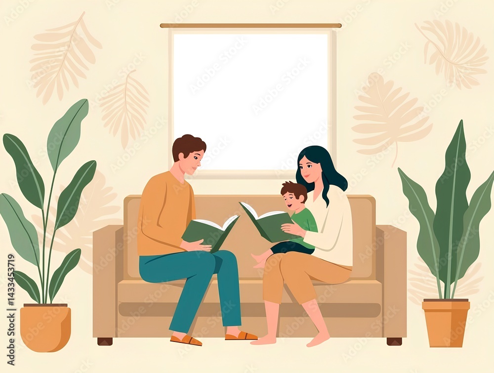 Fototapeta premium Parents reading book to child in peaceful eco-themed living room filled with plants, nurturing love, trust, and learning
