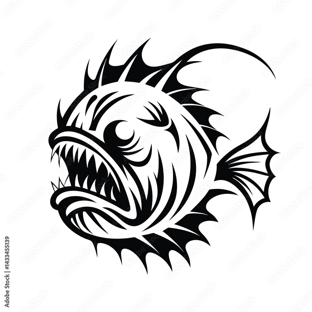 Fototapeta premium Tribal Anglerfish Silhouette, Black and White Predator, Deep Sea Fish with Sharp Teeth