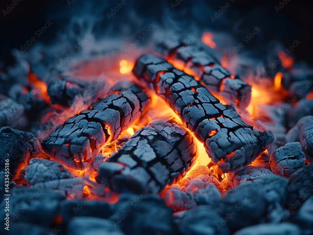 Fototapeta premium Glowing embers nestled radiating warmth and textured charcoal with wisps of smoke dancing around