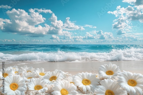 Bright daisies on sandy shore with waves under a blue sky Generative AI