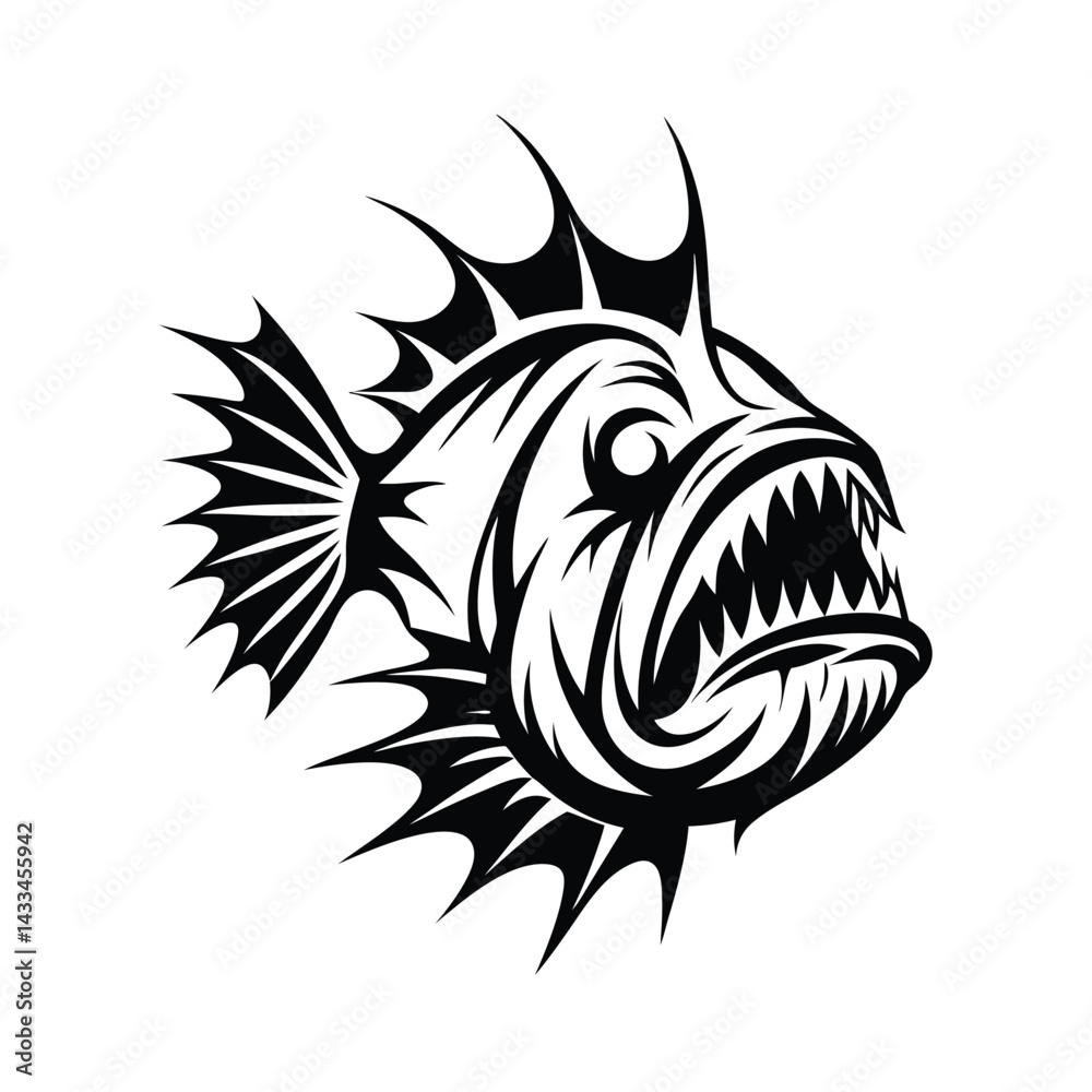 Naklejka premium Black and White Anglerfish with Sharp Teeth and Tribal Motifs Art Design