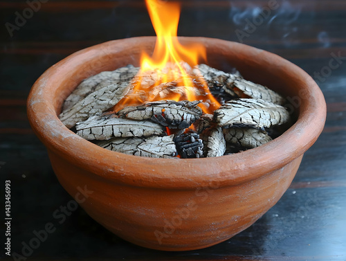 Clay pot filled with burning wood creating an orange fire with wisp of smoke