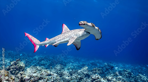 Pixelated Hammerhead Shark Swimming In Blue Water Above A Coral Reef