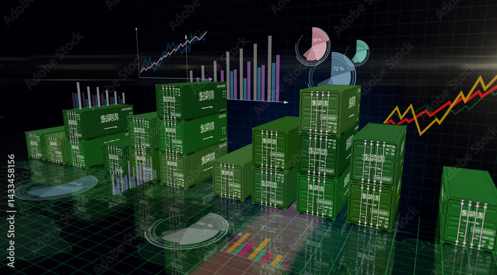 Saudi Arabia export cargo containers with charts and diagrams