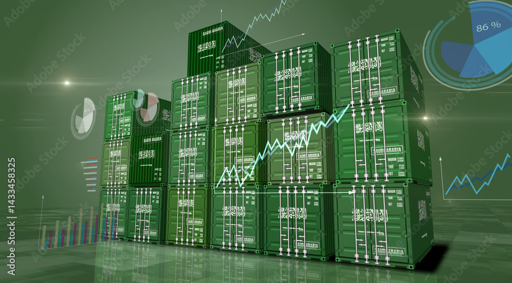 Saudi Arabia export cargo containers with charts and diagrams