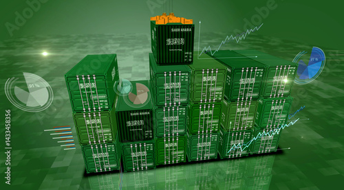 Saudi Arabia export cargo containers with charts and diagrams