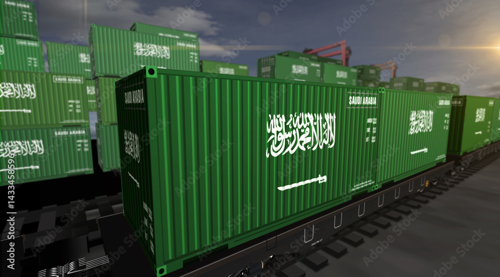 Saudi Arabia export containers on cargo train wagons illustration