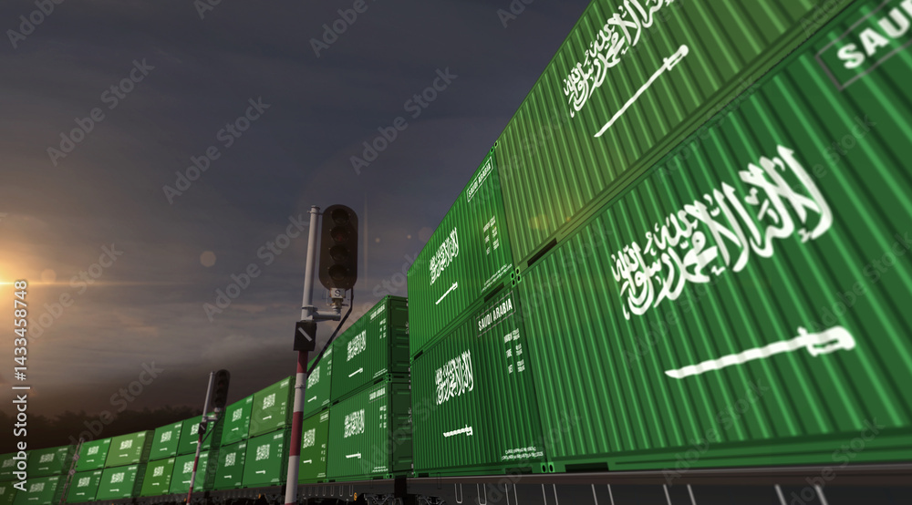 Saudi Arabia export containers on cargo train wagons illustration