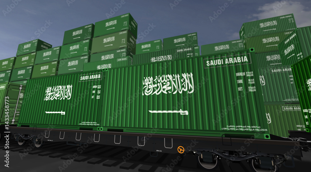 Saudi Arabia export containers on cargo train wagons illustration