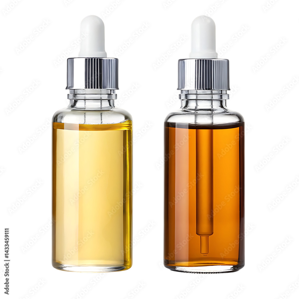 Two glass bottles with dropper caps, containing light and dark amber liquids. Two glass bottles with dropper caps, containing light and dark amber liquids.