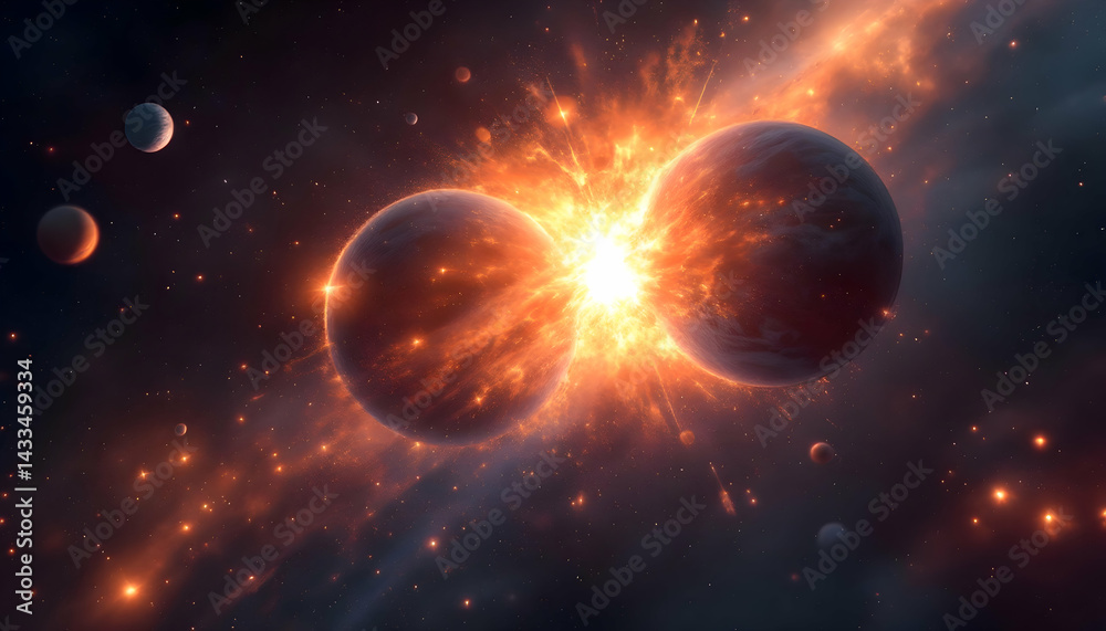 Obraz premium Abstract glowing orbs in dark space background energy and mystery,professional two colliding planets with explsion