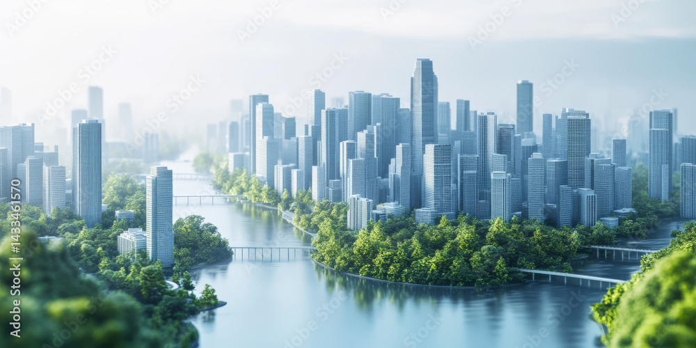 Panoramic View of a Cityscape with Skyscrapers and a River