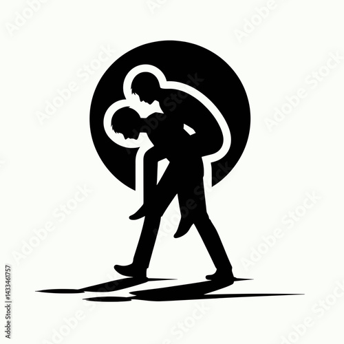  very simple flat and single minimalist Piggyback Ride Silhouettes in black on a white background