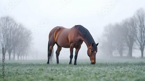 Pixelated Horse Grazing In Foggy Field