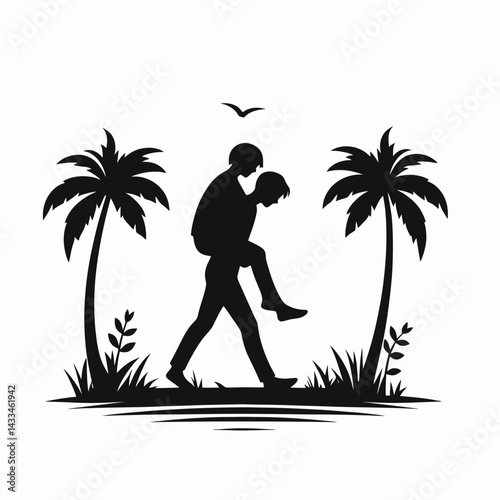  very simple flat and single minimalist Piggyback Ride Silhouettes in black on a white background 