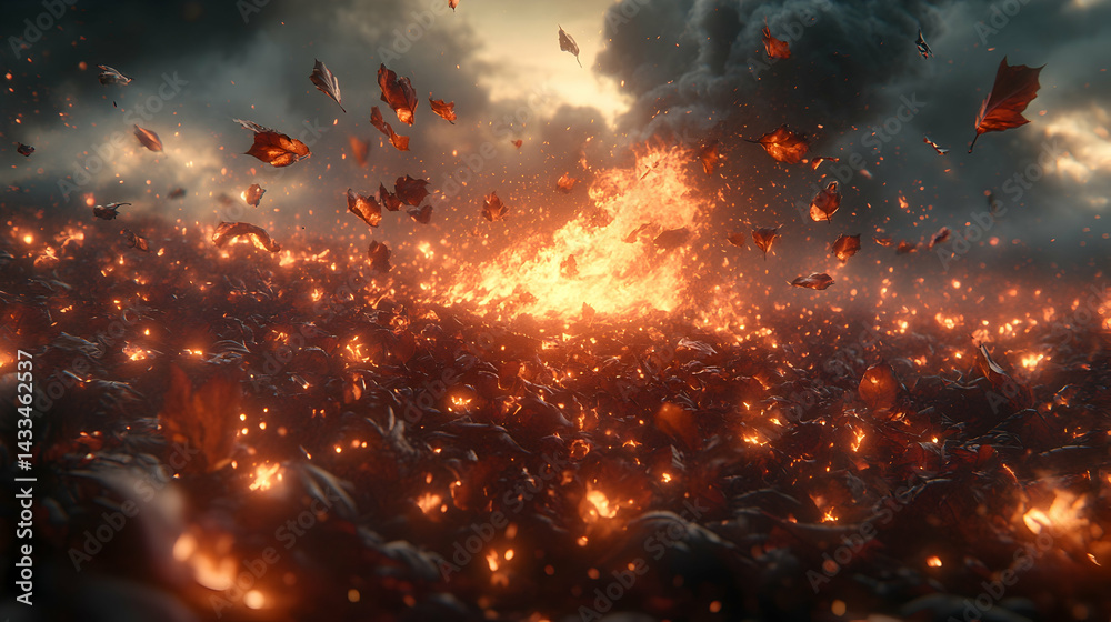 An inferno of leaves and glowing embers fills the horizon under a stormy sky Leaves fall in fiery descent