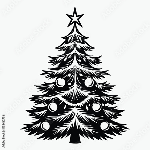 Monochrome Christmas Tree with Star Topper and Baubles, Festive Celebration Design
