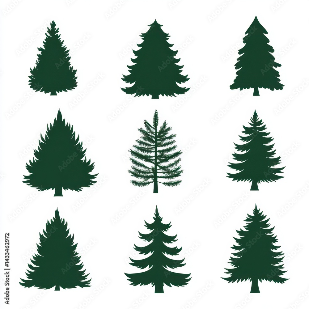 Obraz premium Collection of silhouette Christmas trees in various shapes and sizes for festive design