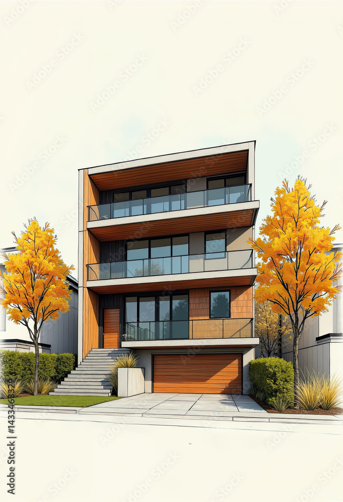 Residential House Design Sketch: Modern Style with Wooden Elements and Concrete Panels, Three-Story Exterior View, Autumn, Light Background - Dream House Vision!