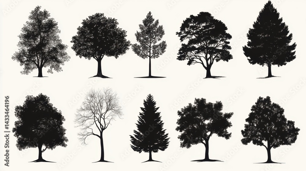 Fototapeta premium Silhouette vector design featuring various tree types with sharp contrasts on a white background